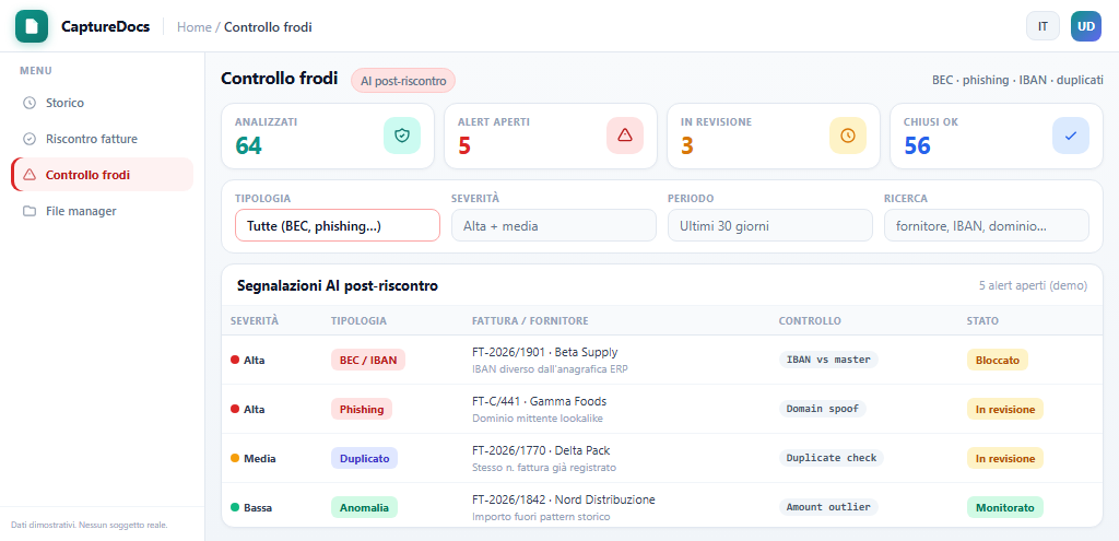 Interfaccia CaptureDocs: controllo frodi AI post-riscontro