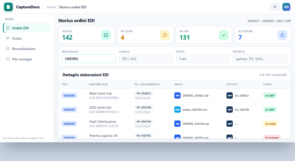 Interfaccia CaptureDocs: storico ordini EDI verso SAP / ERP