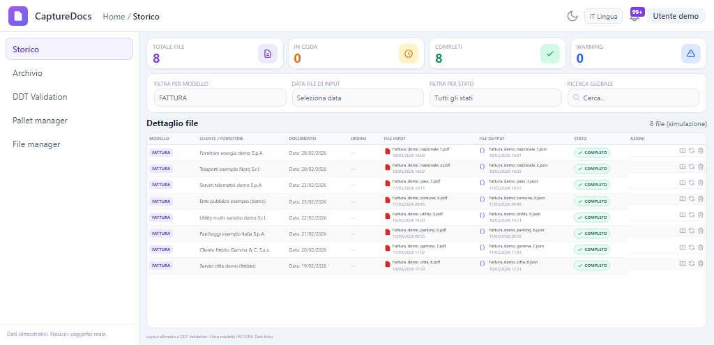 Interfaccia Storico fatture: KPI, filtri, tabella con modello FATTURA e file PDF e JSON