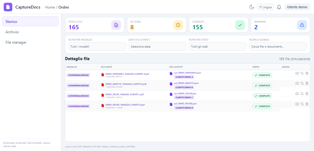 Interfaccia Storico ordini: KPI, filtri a quattro campi, tabella conferme con file input e output